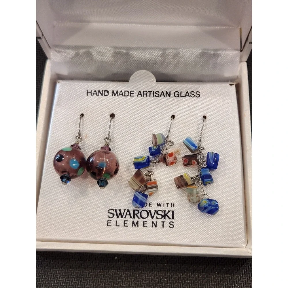 Sterling Silver Millefiori Earrings Made‎ with Swarovski Elements Set of 2 - Picture 2 of 5